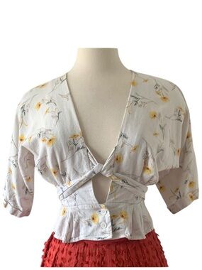 Happy X Nature linen blend delicate floral tie front dolman sleeve v-neck blouse
